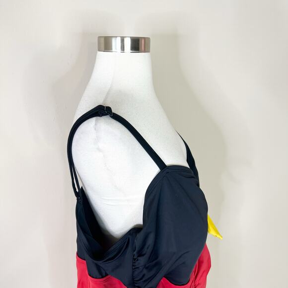 Torrid | Disney Mickey Mouse Red Black Ruched Shorts Style One Piece Swimsuit - Picture 8 of 14